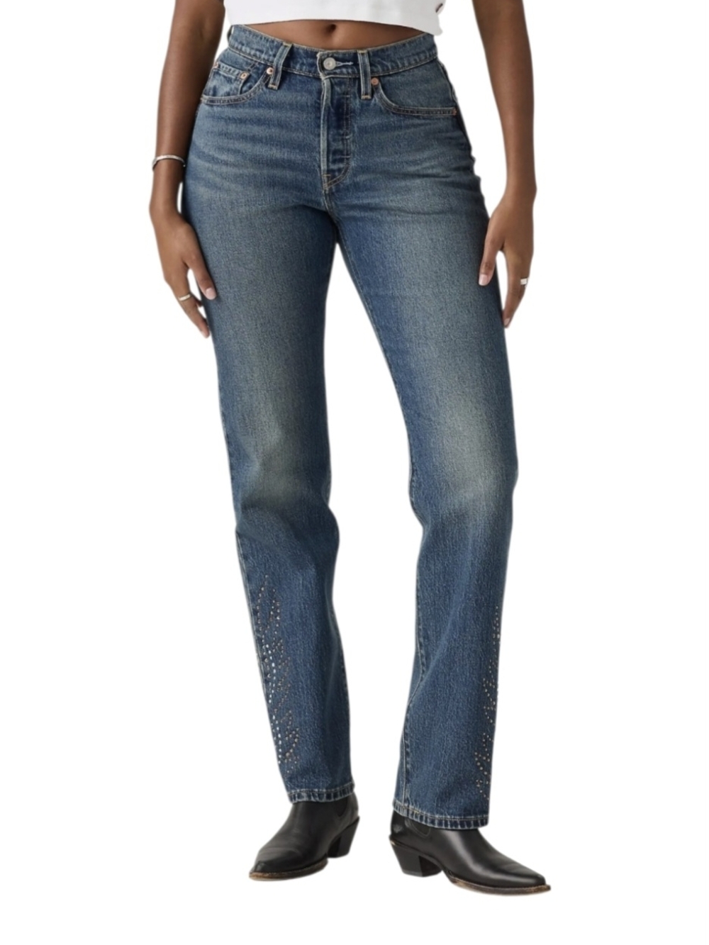 NWT Levi’s 501 Curve High Rise Straight Leg Jeans Blue Rhinestone Studded 25 30